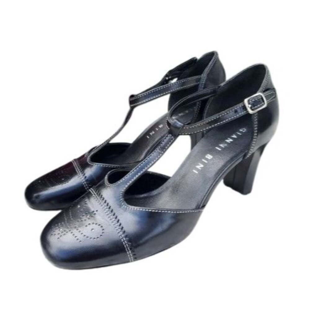 Gianni Binni Black Leather Mary Janes Heels Academia Retro School Girl